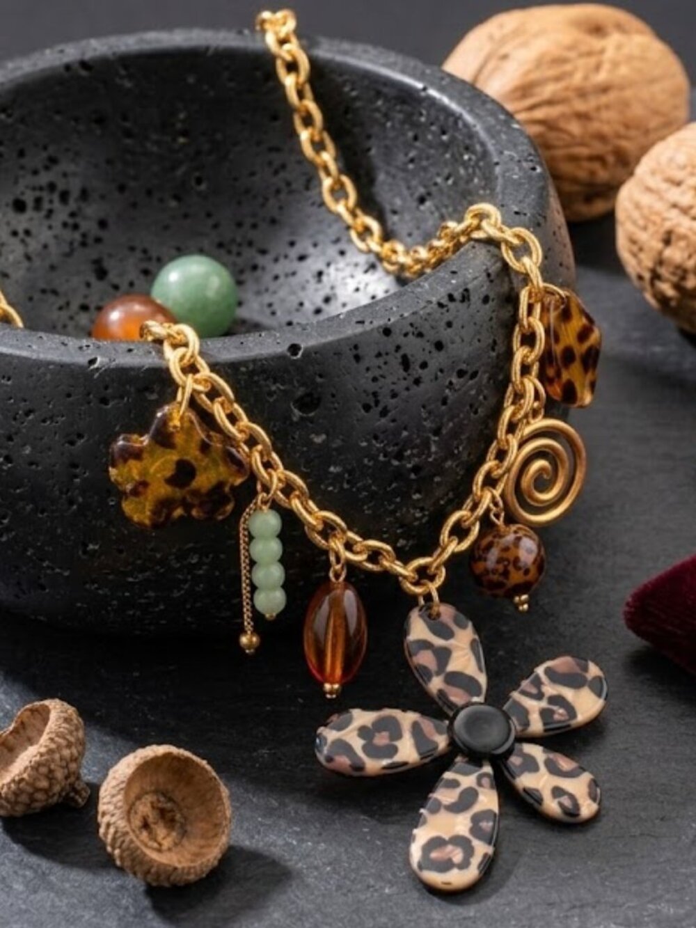 Leopard Print Flower Charm Necklace Mob Wife Maximalist 18K Gold Plated 19"
